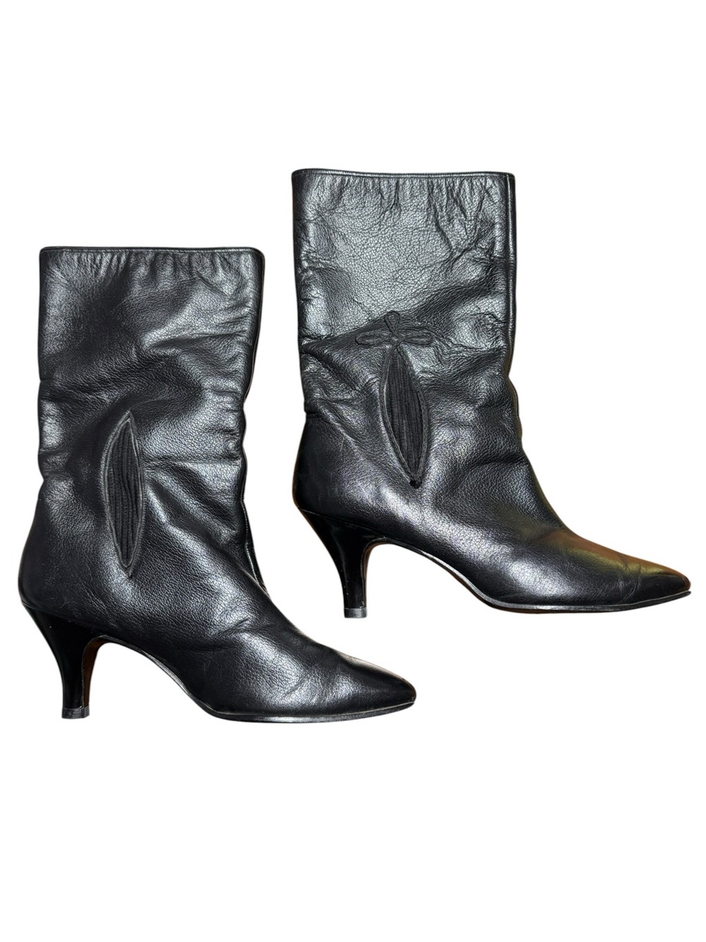 VTG 80s Black Leather Pointed Toe Kitren Heel Boots Size 8 Flannel Lined